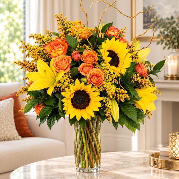 Sunflower and orange rose arrangement in a clear glass vase