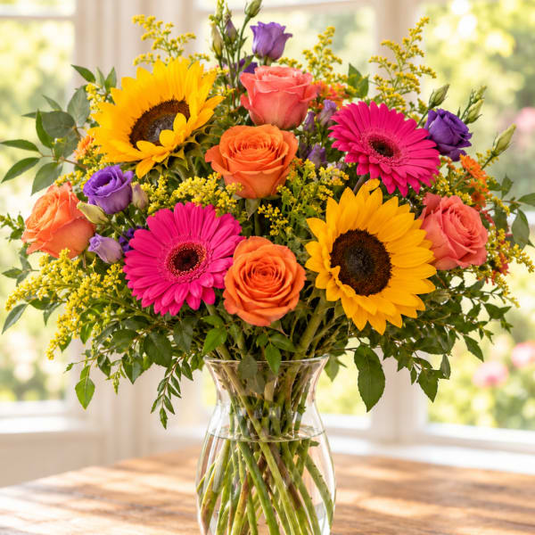 Mixed bouquet of sunflowers, roses, and gerbera daisies in a glass vase
