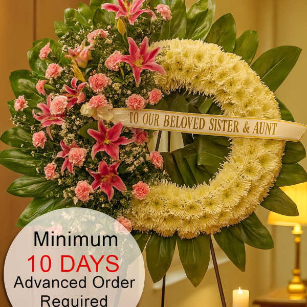 Standing sympathy wreath with white ring and pink lilies and carnations on a tripod stand