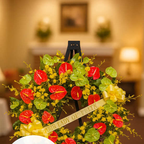 Standing sympathy wreath with red and green tropical blooms and yellow flowers on a black easel.