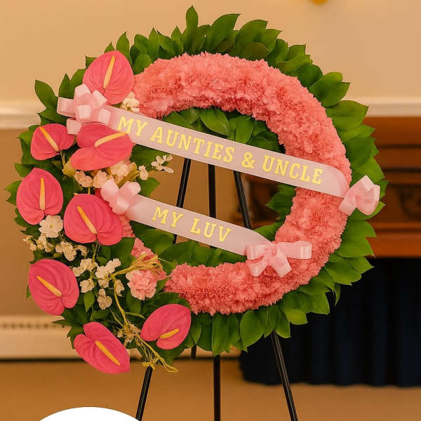 Pink floral wreath with ribbons on a metal stand for a memorial service
