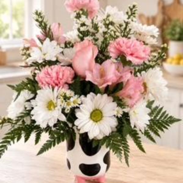 Pink and white mixed flowers in a black-and-white cow-print vase