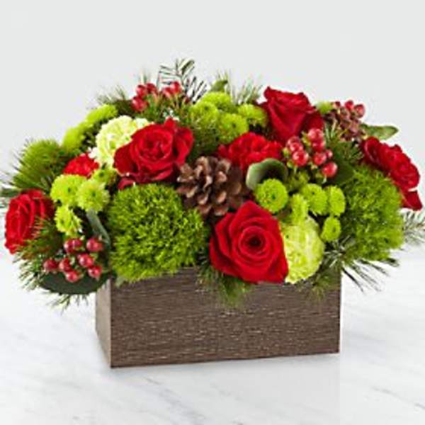 Red roses and green mums in a rectangular box arrangement