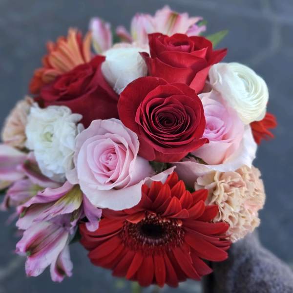 Handheld bouquet of red, pink, and white flowers