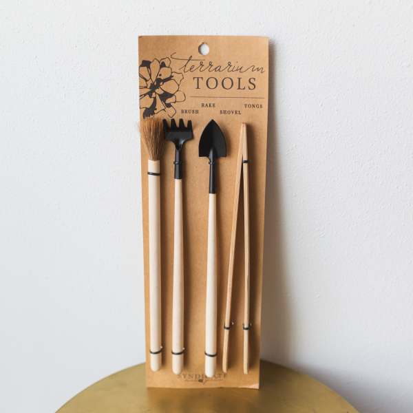 Terrarium tool set on a kraft card with brush, rake, shovel, and tongs