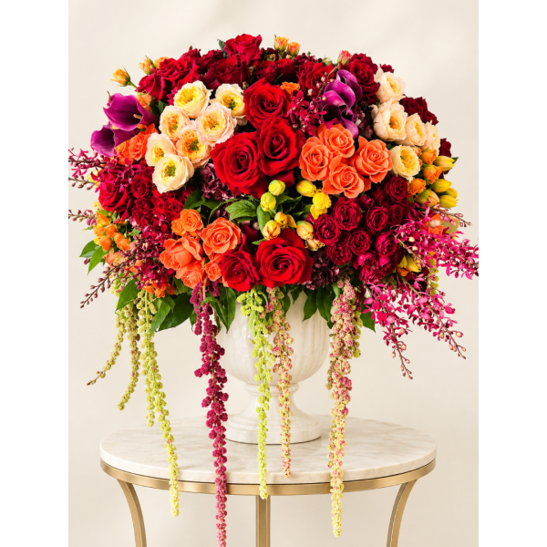 Large mixed rose arrangement in a white urn with cascading blooms