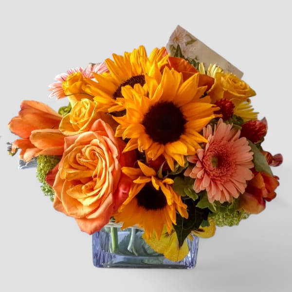 Compact bouquet of yellow sunflowers, orange roses, and peach gerberas in a square glass vase