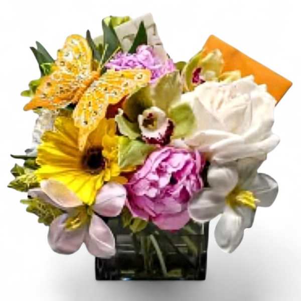 Mixed bouquet with a sunflower, roses, and orchids in a square vase