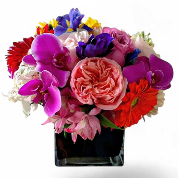 Colorful mixed bouquet in a black square vase