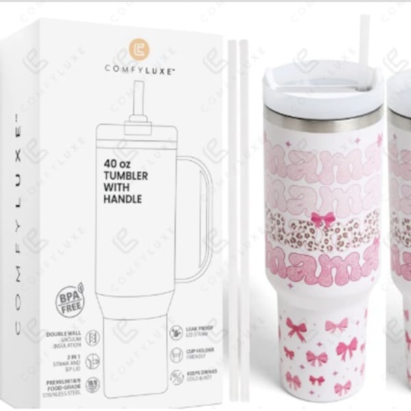 White handled tumbler with pink bow and mama text design beside branded box and straws