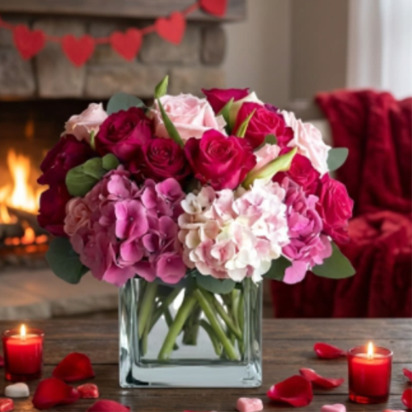 Pink and red roses with hydrangeas in a glass cube vase, surrounded by red candles and petals