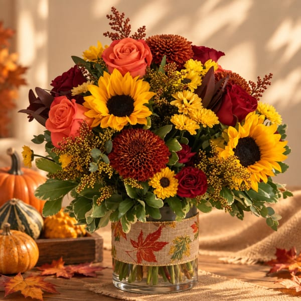 Autumn bouquet of sunflowers, roses, and mums in a glass vase