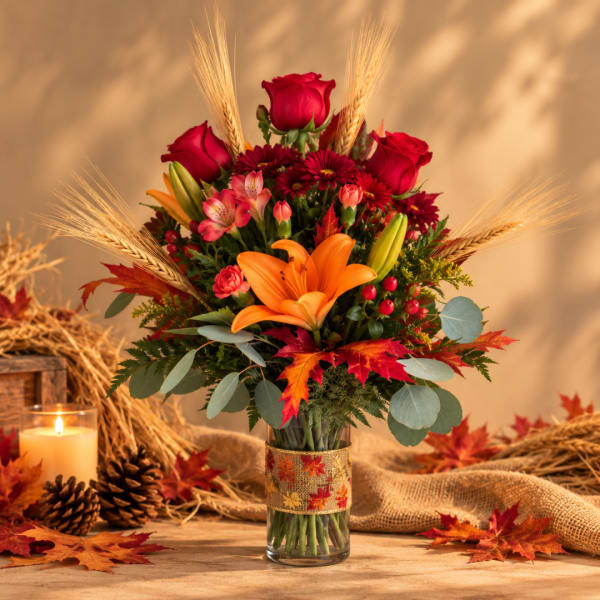 Autumn bouquet of red roses, orange lily, and mixed flowers in a glass vase