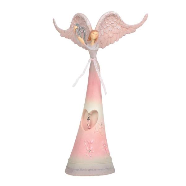 Pink angel figurine with outstretched wings and a ribbon tie