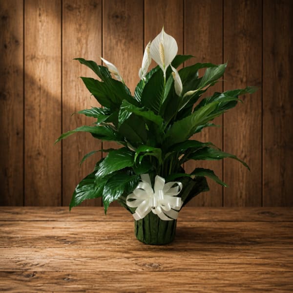 White peace lilies in a dark pot with a white ribbon