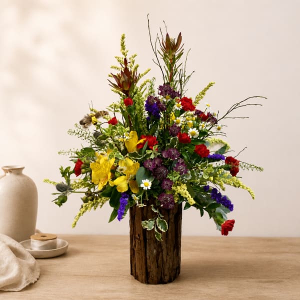 Colorful mixed flower arrangement in a rustic wooden vase