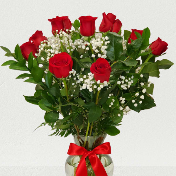 Dozen Red Rose's in a vase with baby breath