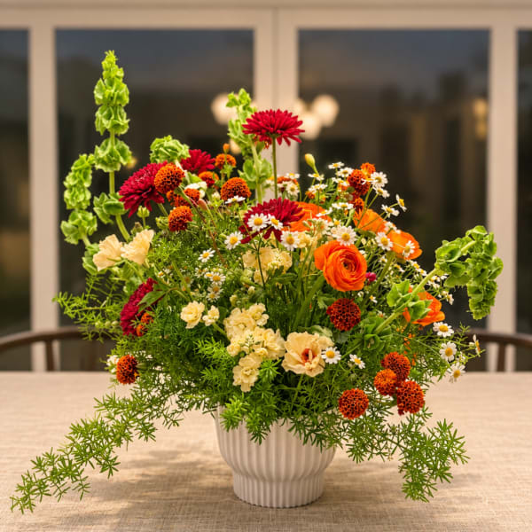 Colorful mixed flower arrangement in a white vase
