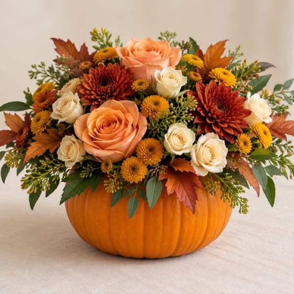 Fall floral arrangement in a pumpkin-shaped container with roses and mums