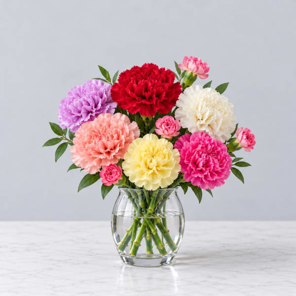 Colorful carnations in a clear glass vase