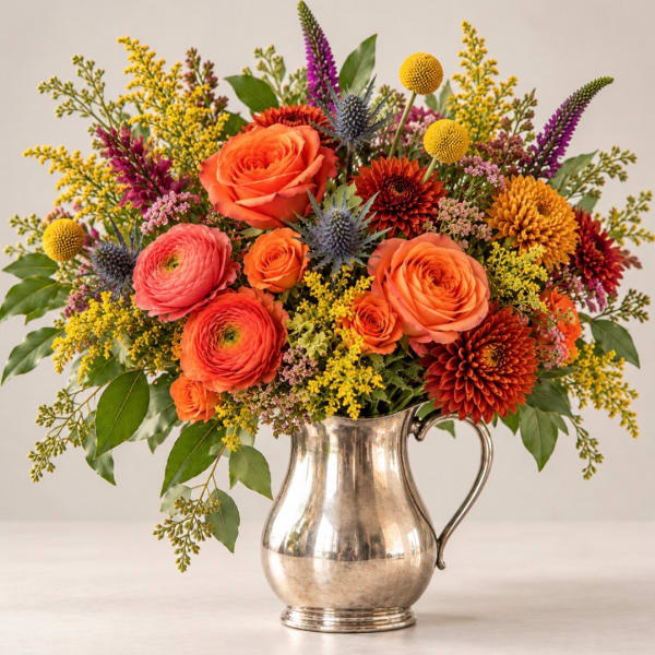 Bright mixed bouquet in a silver pitcher vase with orange and yellow blooms