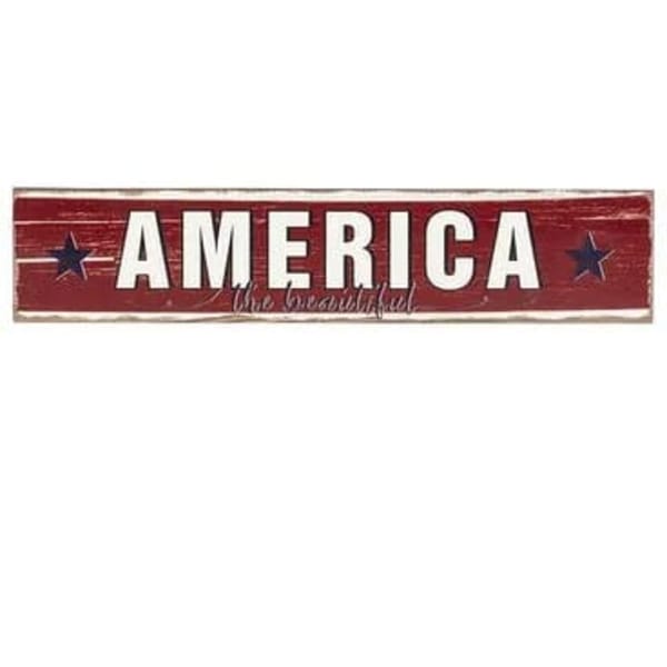 Long rustic red wooden sign reading AMERICA with blue stars and smaller script text