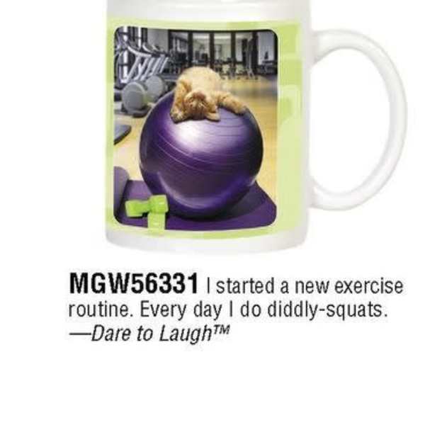 White mug with picture of a cat lying on a purple exercise ball in a gym and a humorous workout quote.