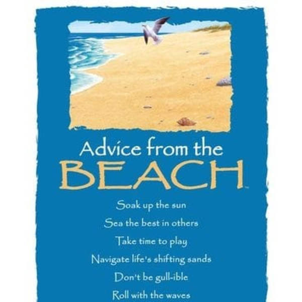 Blue beach-themed decorative sign with sand illustration and inspirational text