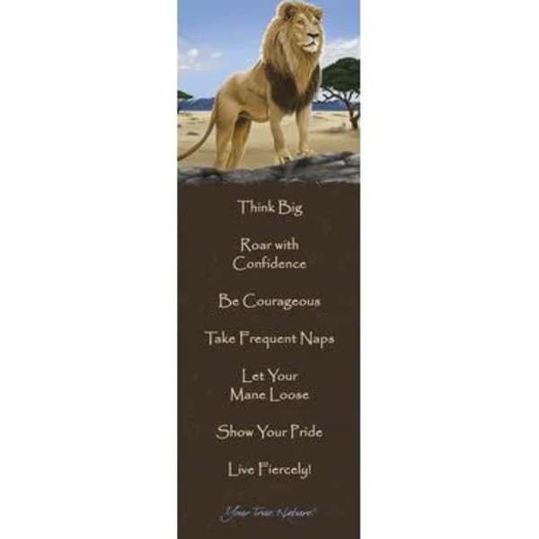 Tall inspirational bookmark with a lion illustration and advice text on a brown panel
