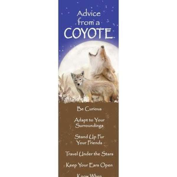 Tall bookmark with illustrated coyotes under a full moon and the title Advice from a Coyote