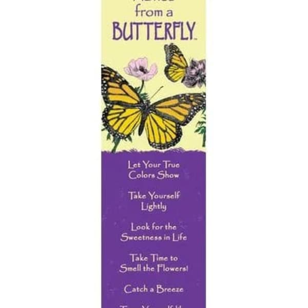 Bookmark with illustrated yellow butterflies, pink flowers, and inspirational text on cream and purple background