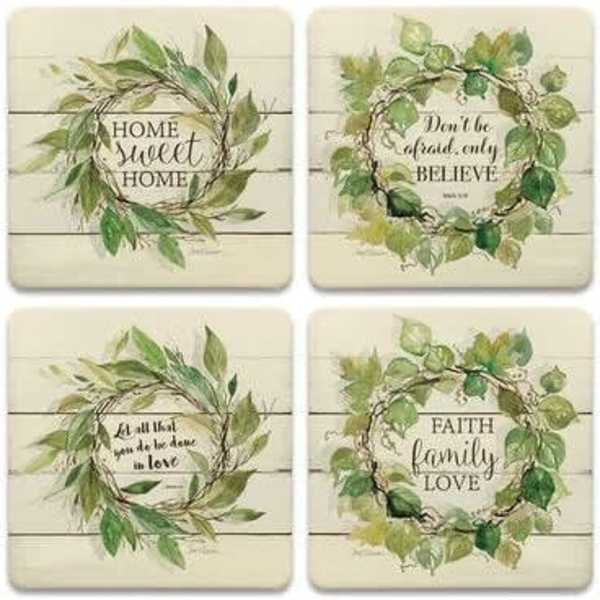 Set of four cream coasters with watercolor leaf wreaths and inspirational text