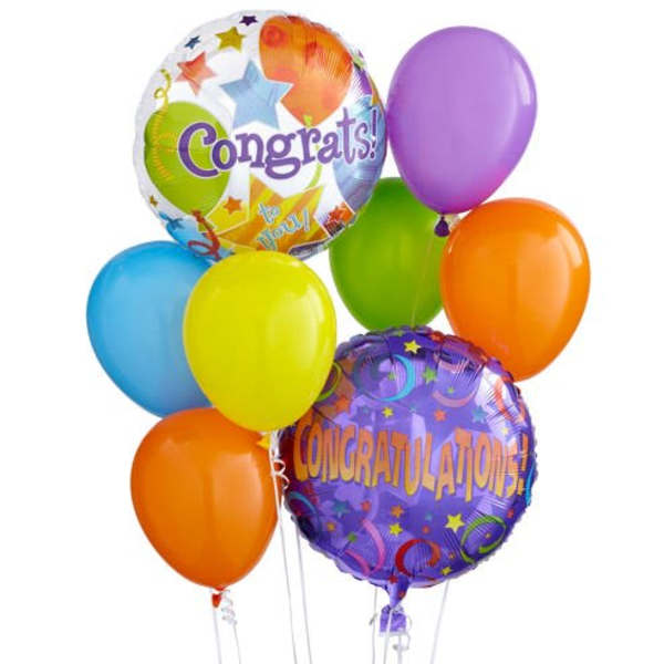 Cluster of colorful congratulatory balloons with two printed foil balloons