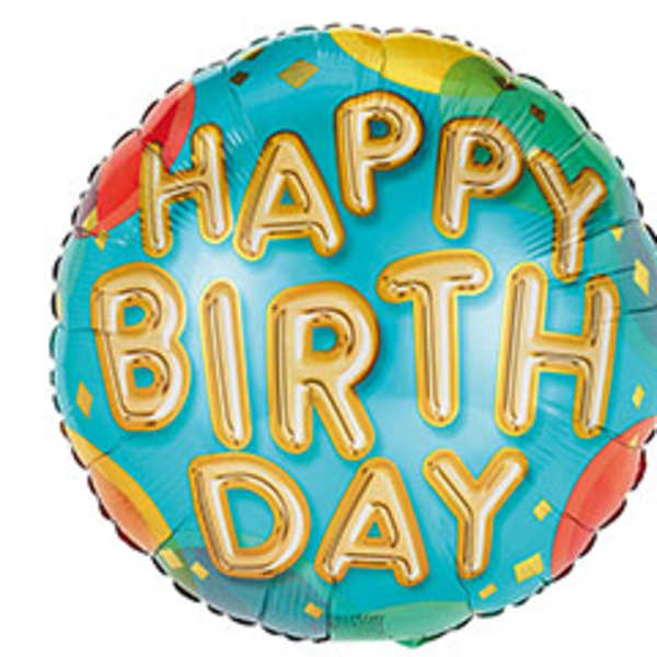 Round birthday balloon with "HAPPY BIRTHDAY" text