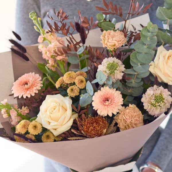 Bouquet of cream roses, pink daisies, and mixed blooms with eucalyptus