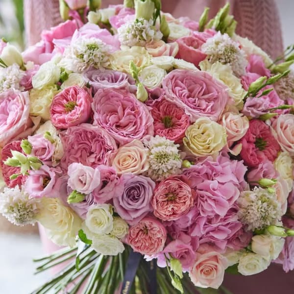 Large bouquet of pink and cream roses with round blooms