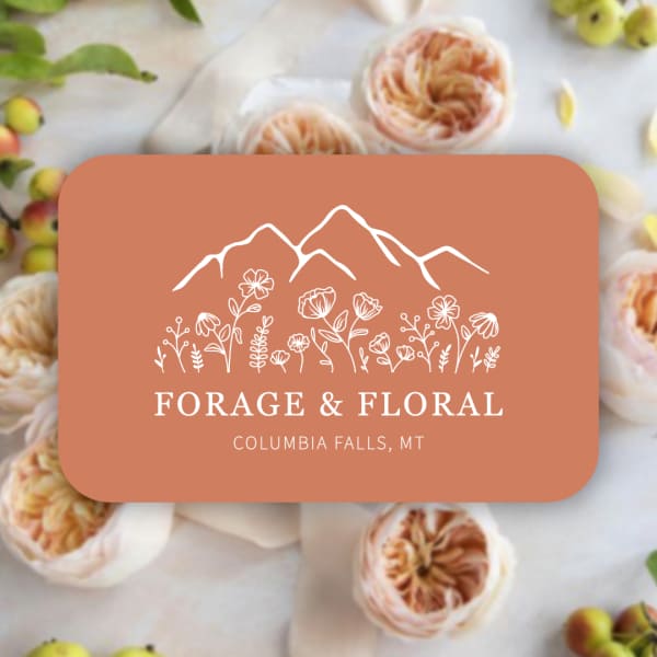 Terracotta floral shop gift card over a background of cream peach roses and small fruits
