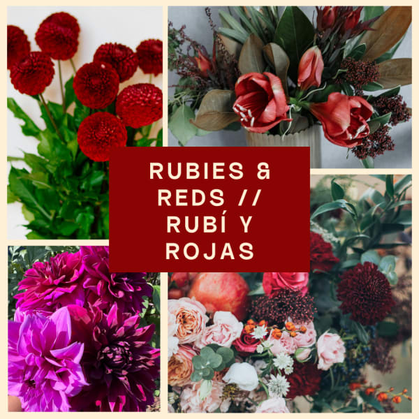 Collage of red and pink floral arrangements with a central text block.