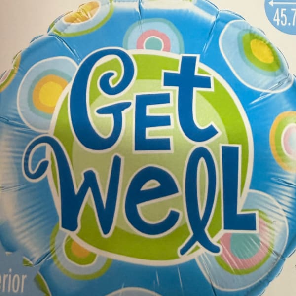 Blue foil balloon with the words "Get Well" and colorful circles