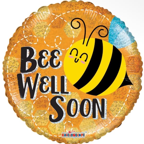 Bee-shaped foil balloon with "Bee Well Soon" text