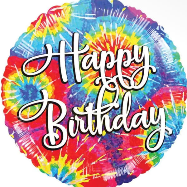 Rainbow tie-dye birthday balloon with large white script text