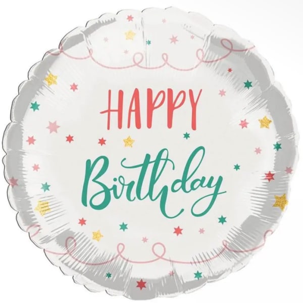 Round birthday balloon with colorful stars and "Happy Birthday" text