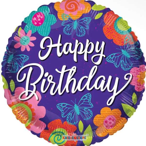 Round purple birthday balloon with colorful flowers and butterflies
