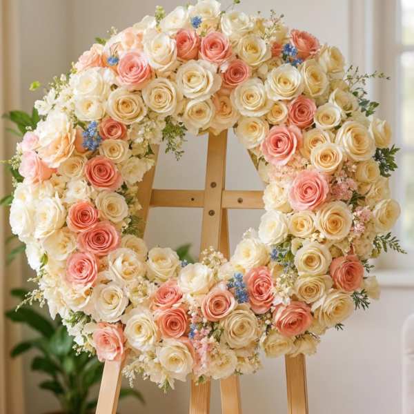 Heart-shaped wreath of cream and peach roses on a wooden easel