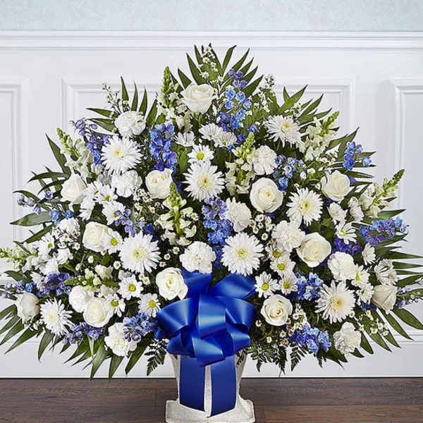 Heartfelt TributeBlue & White Floor Basket Arrangement