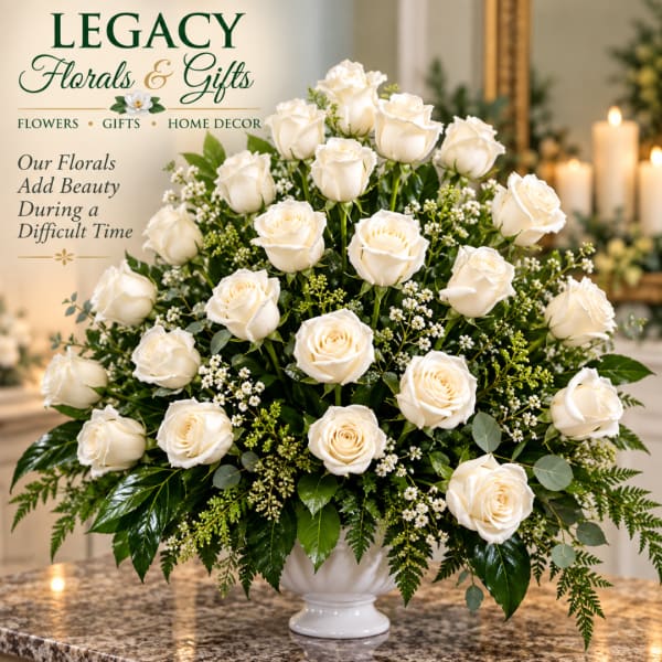 White rose arrangement in a white vase with greenery