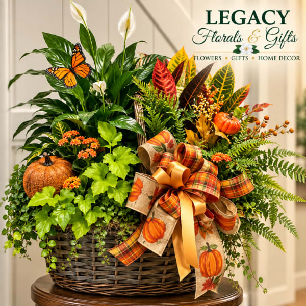 Fall basket arrangement with white peace lilies, pumpkins, and a plaid ribbon bow