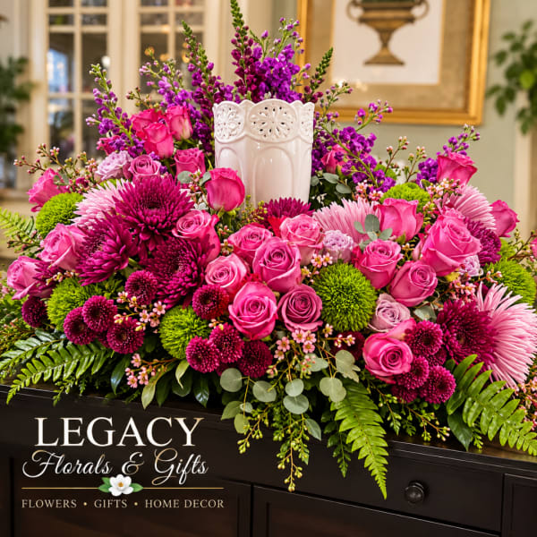 Pink roses and purple mums arranged in a white vase with greenery