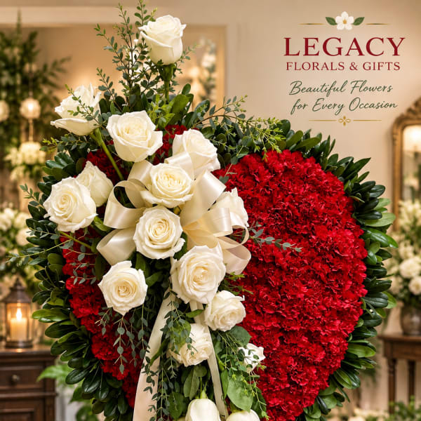 Heart-shaped floral standing spray with white roses and red blooms on a stand