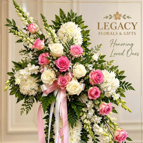 Standing floral spray with pink and white roses and white chrysanthemums on ribbons